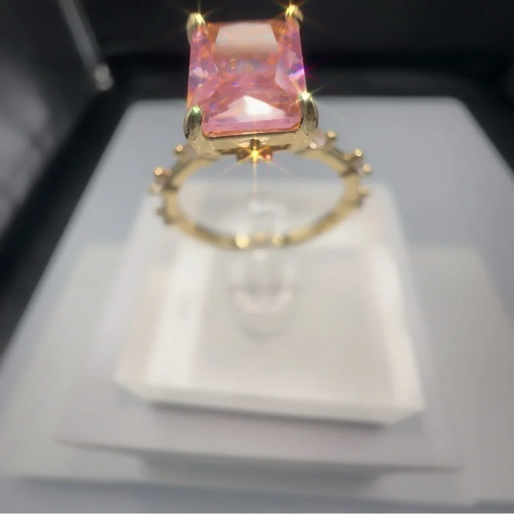 Princess Cut Pink CZ Gold Plated Ring Size 8 - Picture 12 of 16